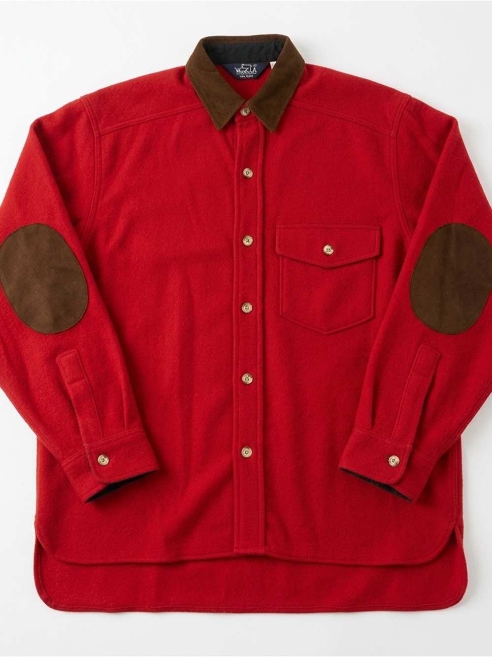Vintage 80s 90s Woolrich Red Wool Blend Shirt Jacket Suede Elbow Patches M